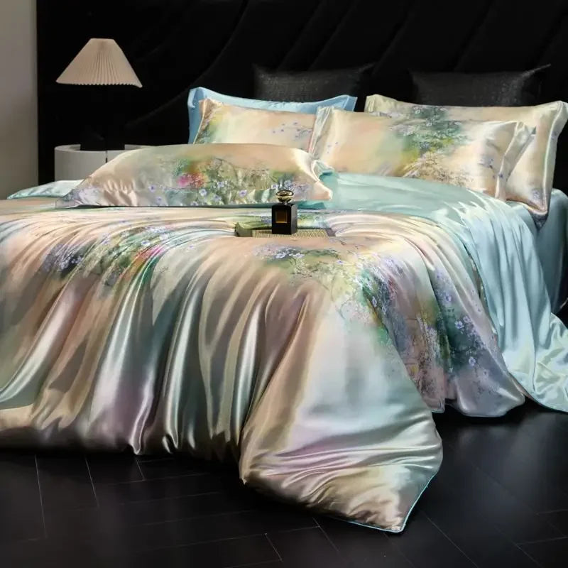 Afralia™ Mulberry Silk Cooling Bedding Set - 3D Printed Satin Fitted Sheet & Quilt Cover