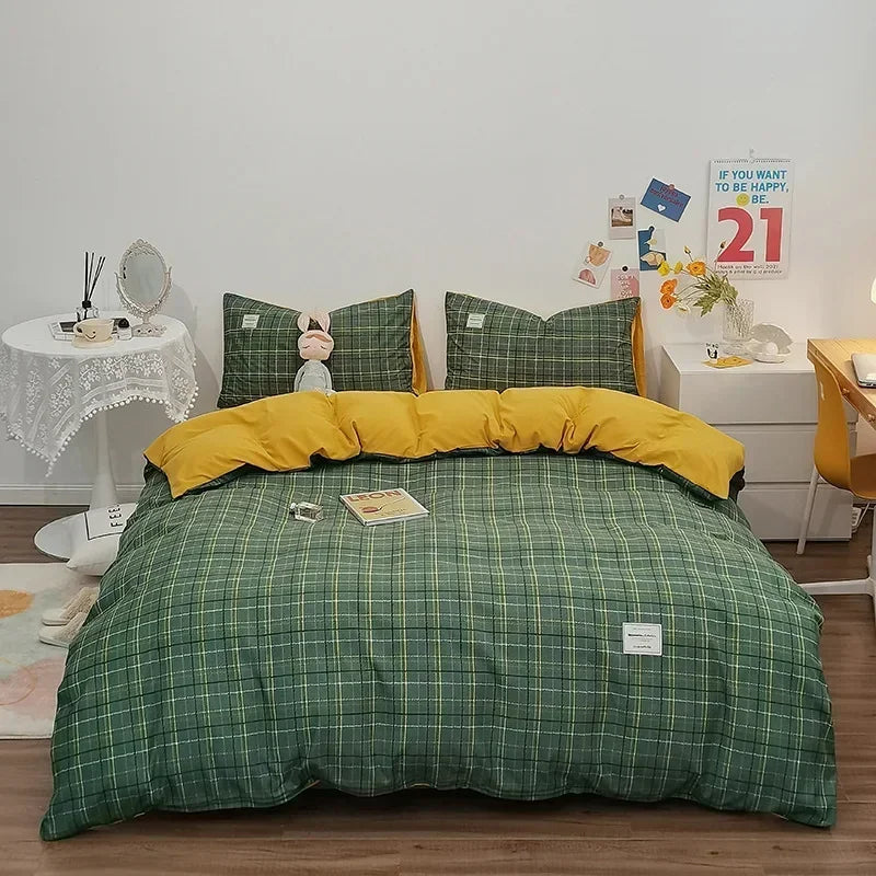 Afralia™ Japanese Grid Print Bedding Set for All Seasons, Queen/King Size Quilt Cover