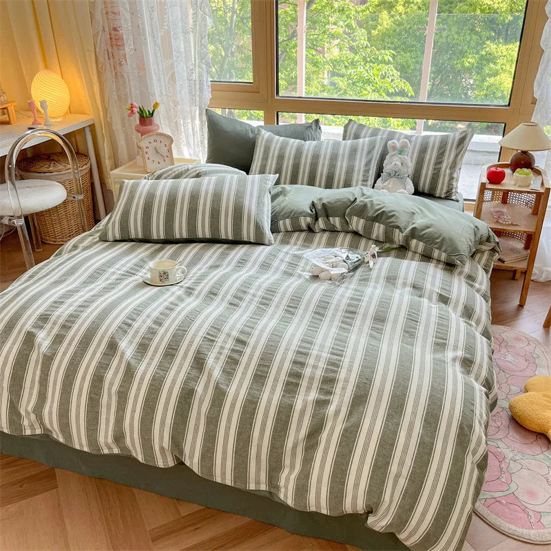 Afralia™ Cotton Striped Bedding Set Yarn Dyed Washed Duvet Cover Single Bedclothes