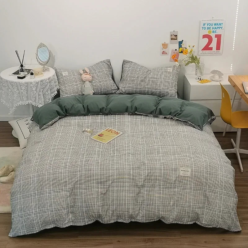 Afralia™ Japanese Grid Print Bedding Set for All Seasons, Queen/King Size Quilt Cover