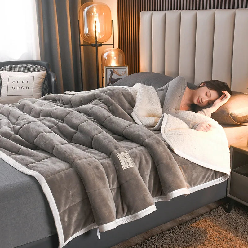 Afralia™ Luxury Coral Fleece Blanket for Bed, 3-Layer Soft Warmth Quilt, Washable Classic Winter Comfort.