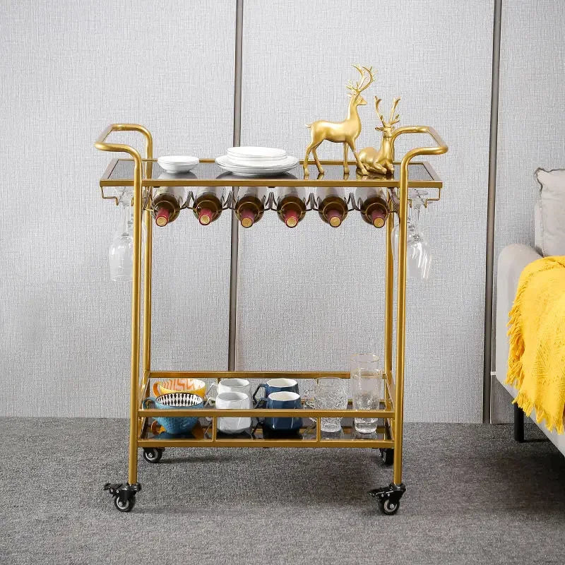 Afralia™ Drinks Trolley with Wine Rack, Glass Holder, Cup Holder, 2 Racks - Black Gold