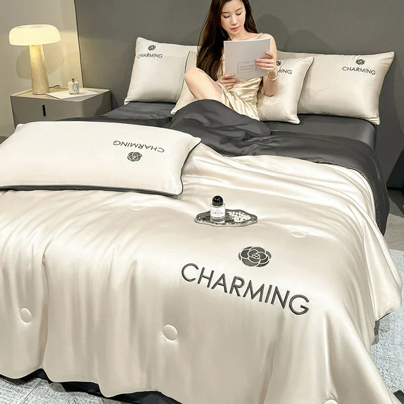 Afralia™ Nordic Style Floral Embroidered Ice Silk Comforter Set for Cooling Luxury Experience.