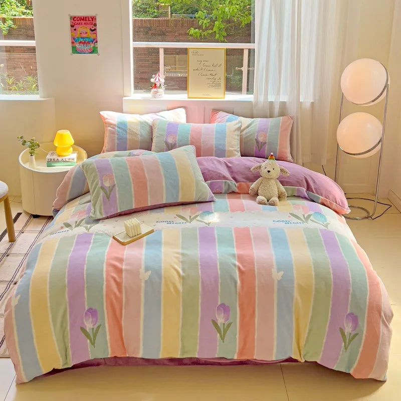 Afralia™ Snowflake Velvet Cute Cartoon Flower Bedding Set for Single Queen