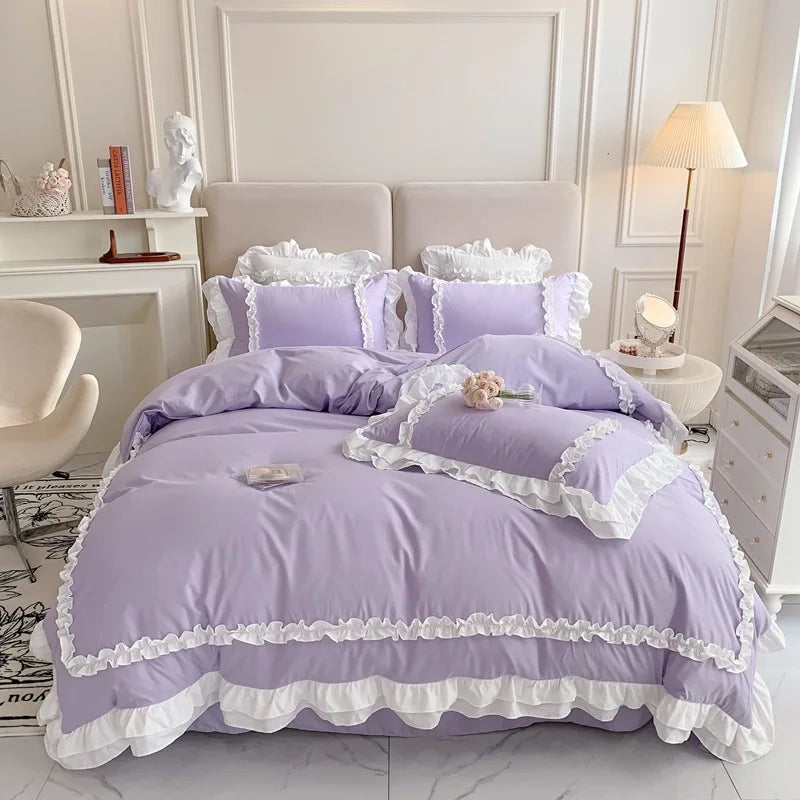 Afralia™ Korean Princess Lolita Bed 4-Piece Set in Solid Washed Cotton