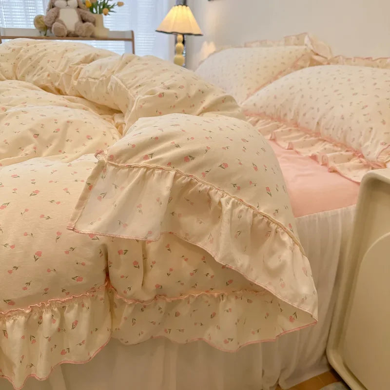 Afralia™ Lace Bedding Set: Printed Design, Single Queen Size, Cozy Quilt Cover, Fitted Sheet, 2 Pillowcases