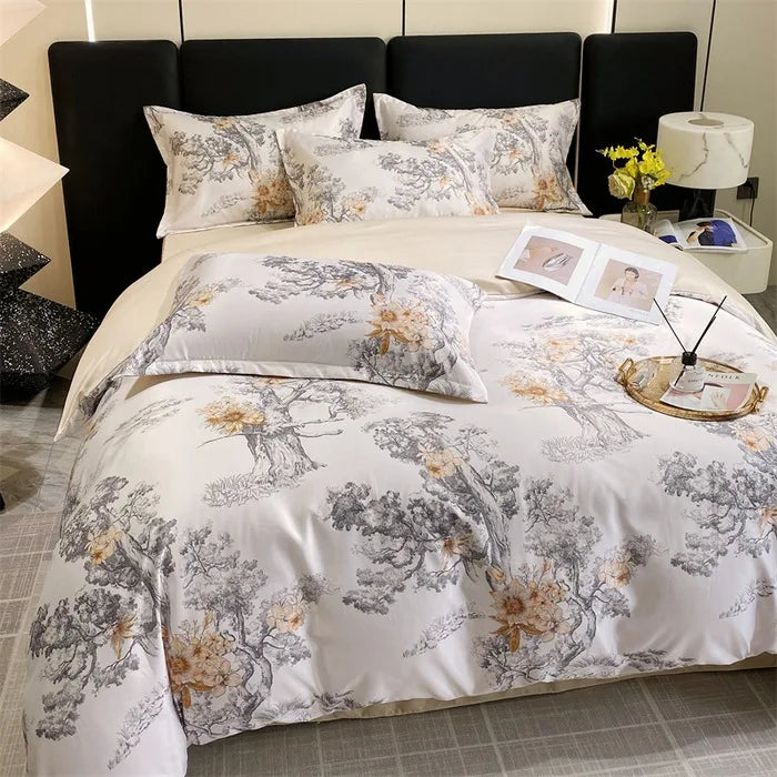 Afralia™ Summer Ice Silk Printed Bedding Set with Lace - Cooling Quilt, Duvet Cover, Pillowcases & Bed Sheet