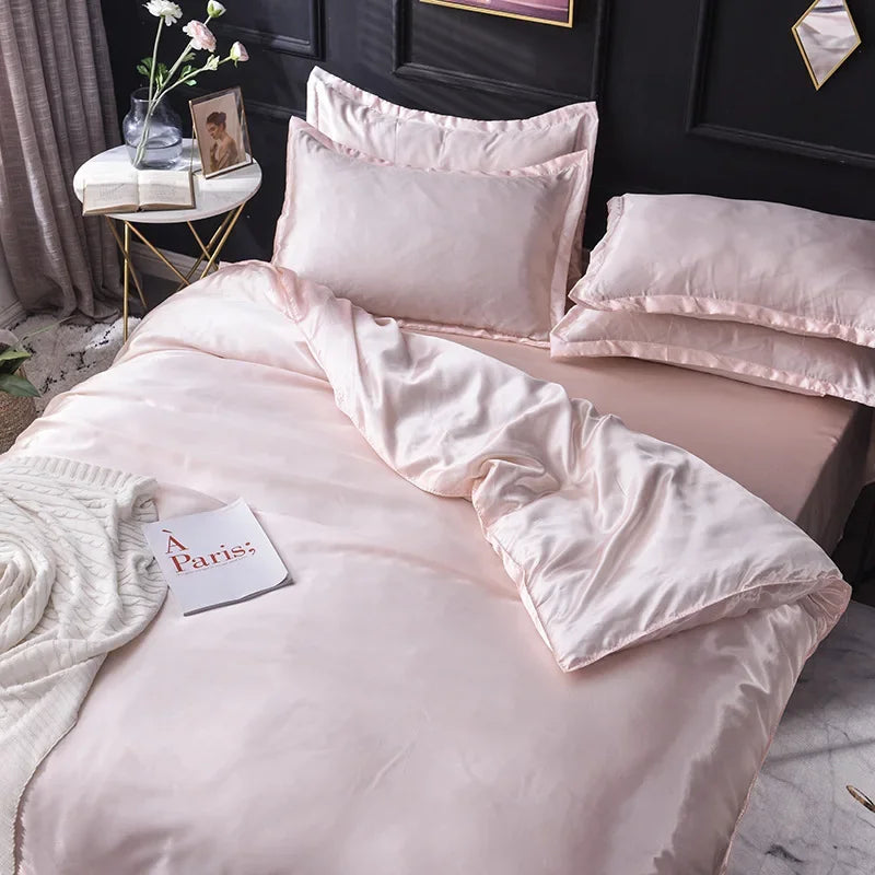 Afralia™ Summer Solid Rayon Silk Bedding Set Lightweight Quilt Cover Set Skin Friendly
