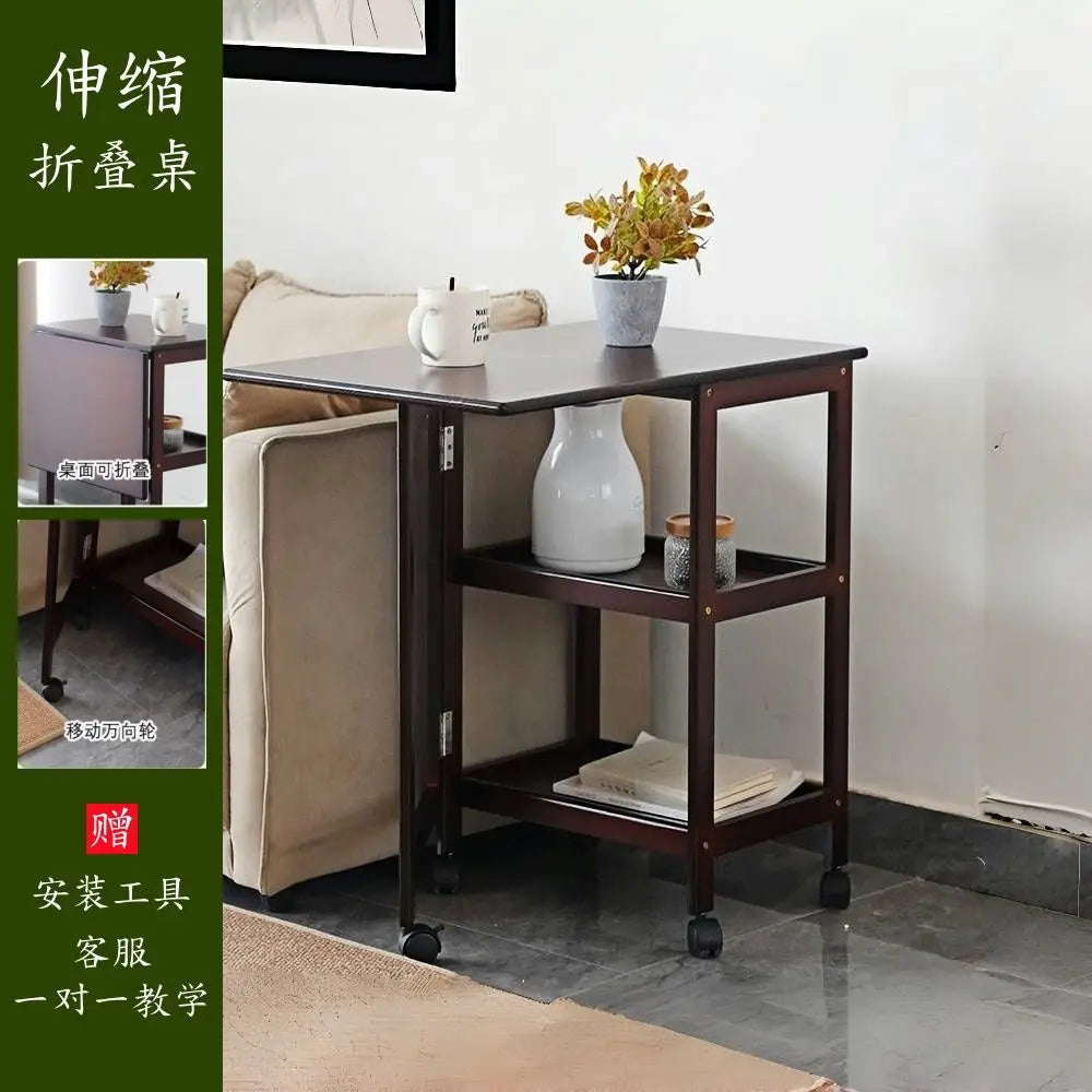 Afralia™ Solid Wood Dining Table Folding Side Cabinet with Wheels and Storage Shelf