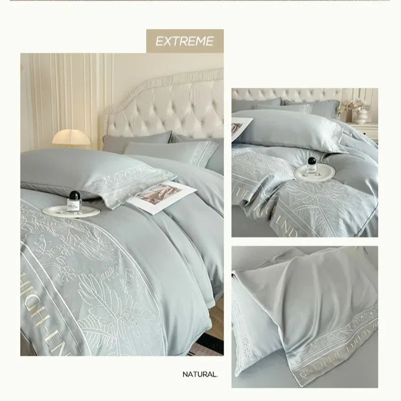 Afralia™ Embroidery Faux Silk Bedding Set Double Bedsheet Kit