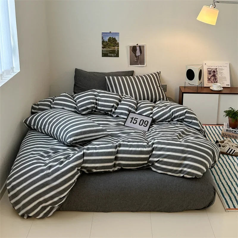 Afralia™ Nordic Striped Cotton Bed 4Pcs Fitted Sheet Set - Breathable & Skin-Friendly