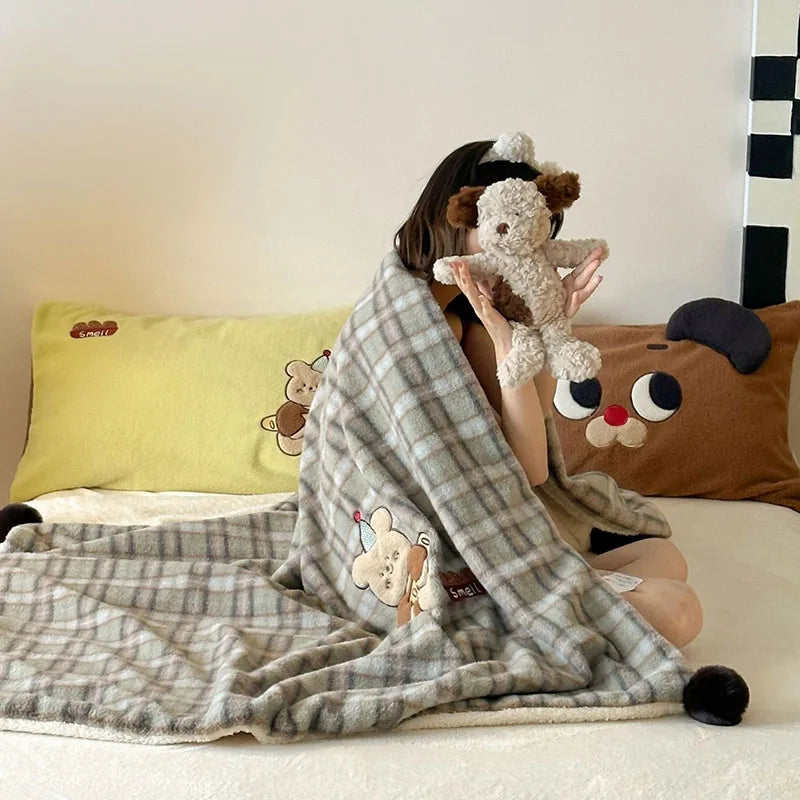 Afralia™ Cartoon Patch Woolen Blanket with Fur Balls for Single Bed