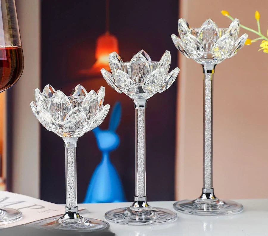 Afralia™ Silver Lotus Crystal Candlestick for Romantic Candlelight Dinner.