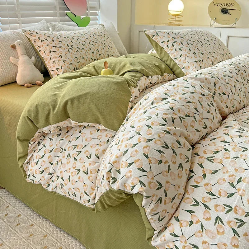 Afralia™ Floral Printed Cotton Bed Set: Cute, Soft, Comfortable 4-Piece Duvet Cover & Sheet