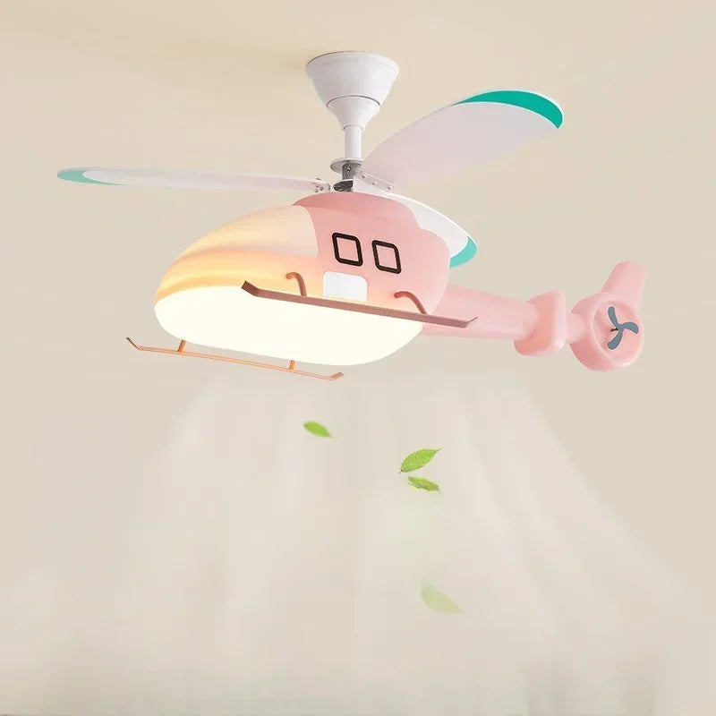 Afralia™ Helicopter Aircraft Ceiling Fan Children's Chandelier Blue Pink Light Kids' Room