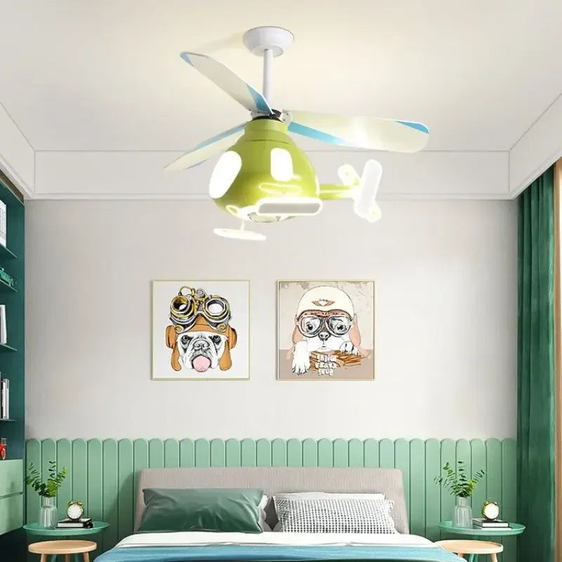 Afralia™ Kids' Helicopter Ceiling Fan with LED Light Chandelier - Modern Aircraft Design
