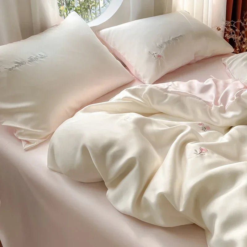 Afralia™ Summer Rayon Silk Bedding Set Queen/King Super Soft Duvet Cover Fitted Sheet Smooth Silk Bedclothes