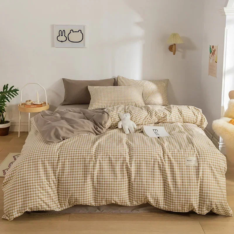 Afralia™ Japanese Grid Print Bedding Set for All Seasons, Queen/King Size Quilt Cover