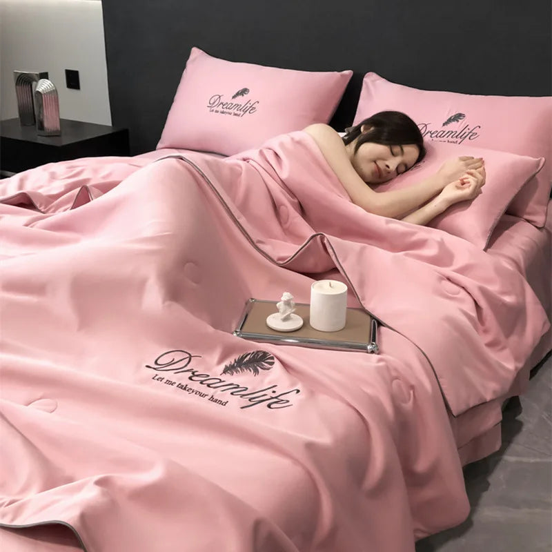 Afralia™ Silky Embroidery Cooling Quilt Set for Cozy Single Double Bed Comfort.