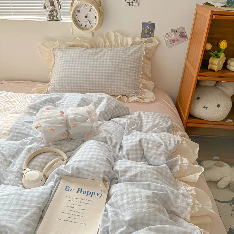 Afralia™ Korean Grid Lace Washed Cotton Bedding Set, Cozy Comforter Cover Single Double Queen
