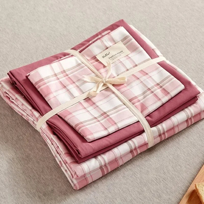 Afralia™ Japanese Grid Print Bed Set in Washed Cotton for Summer Comfort
