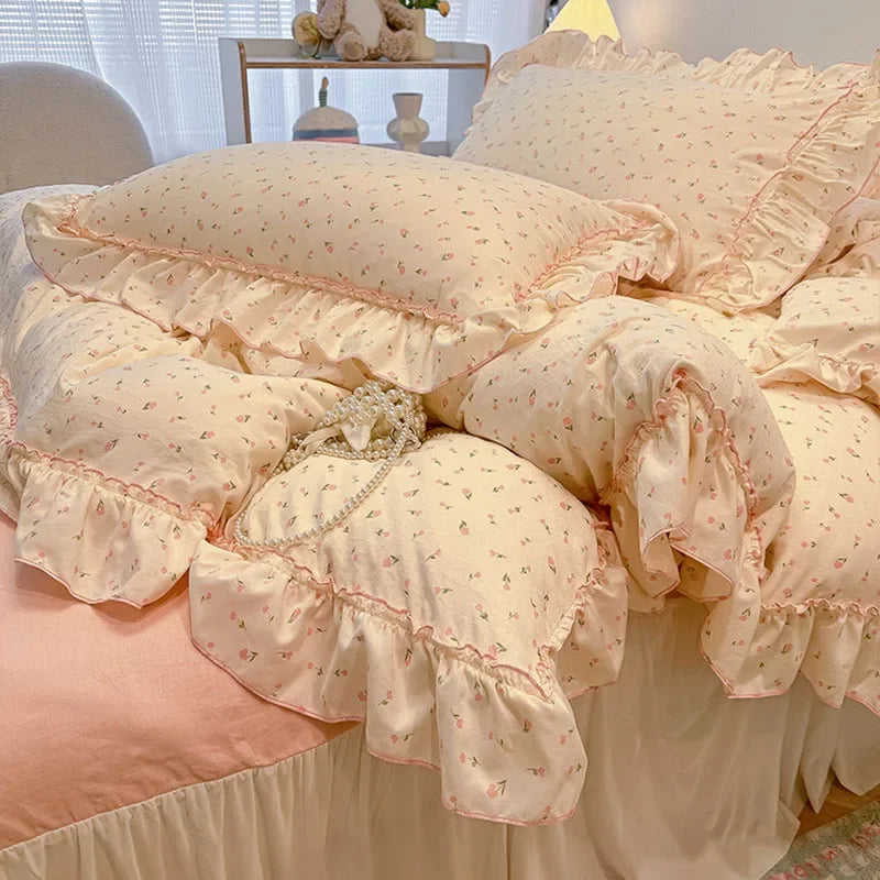 Afralia™ Lace Bedding Set: Printed Design, Single Queen Size, Cozy Quilt Cover, Fitted Sheet, 2 Pillowcases