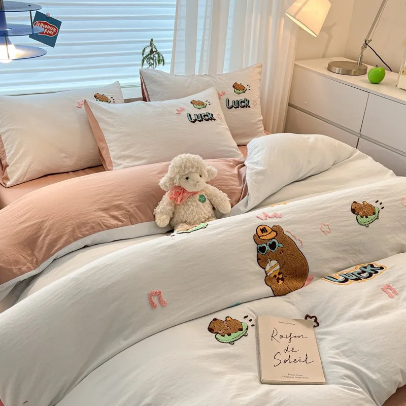 Afralia™ Cartoon Embroidered Cotton Bedding Set for King/Queen Beds