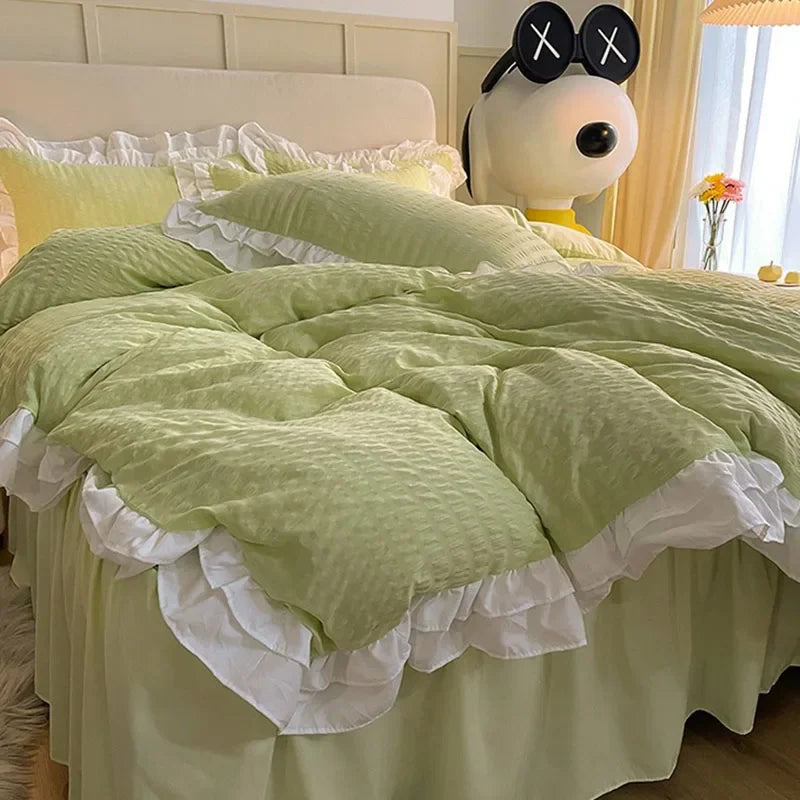 Afralia™ Lace Trim Washed Cotton Bedding Set - 4Pcs Solid Color Duvet Cover & Bed Skirt
