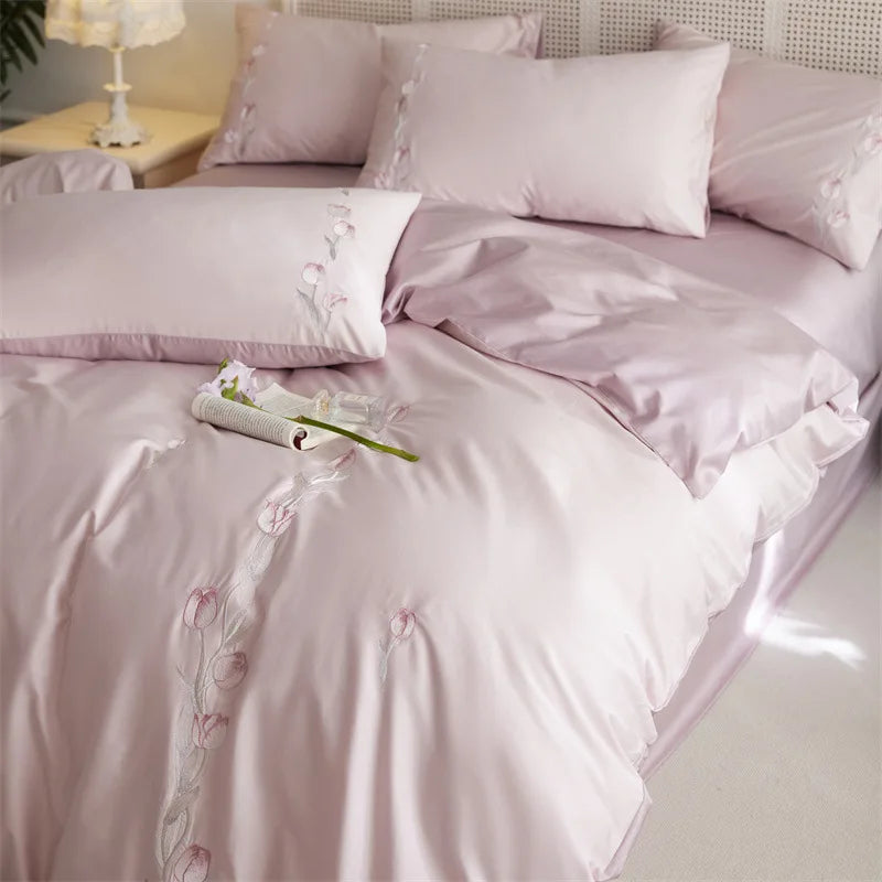 Afralia™ Luxury 100S Long Staple Cotton Embroidery Bedding Set, Ultra Soft Solid Duvet Cover, Double King Size