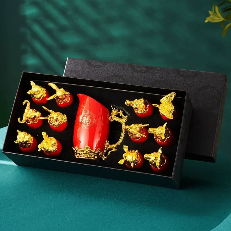 Afralia™ Gold Twelve Animal Head Ceramic Wine Shot Glasses Set for Home Decoration