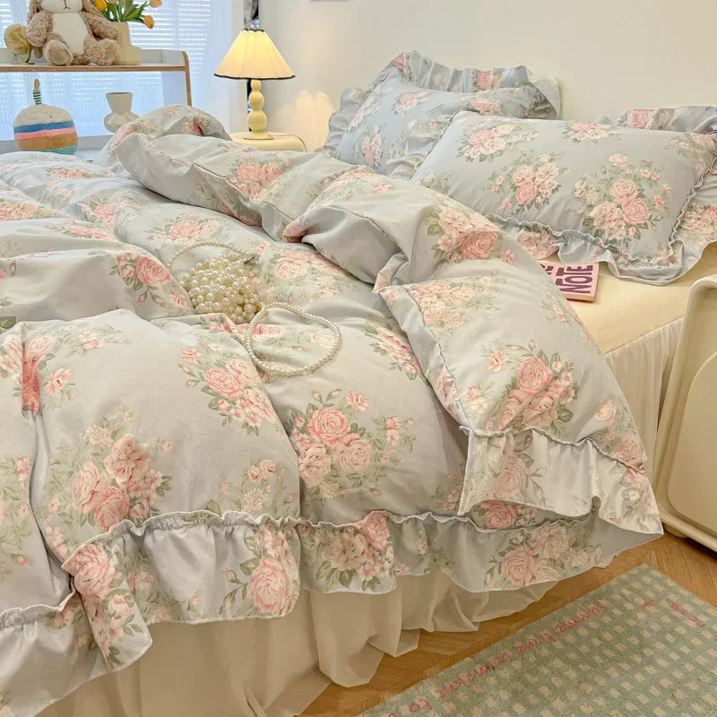 Afralia™ Lace Bedding Set: Printed Design, Single Queen Size, Cozy Quilt Cover, Fitted Sheet, 2 Pillowcases