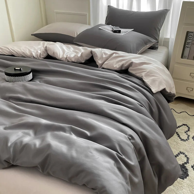 Afralia™ Silky Rayon Bedding Set: Solid Color Duvet, Fitted Sheet, Pillowcase - Queen King Size