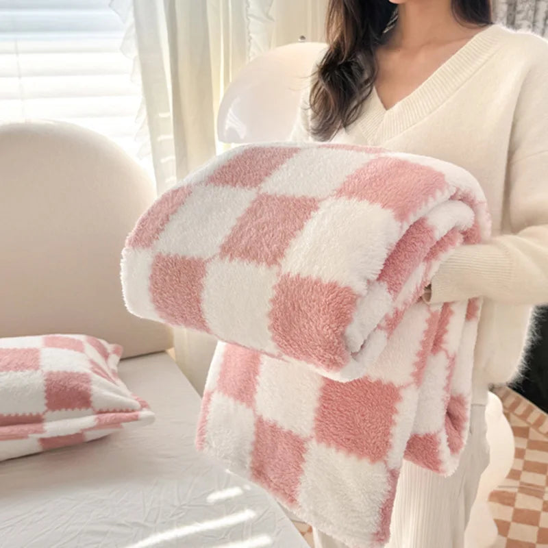 Afralia™ Nordic Grid Checkerboard Coral Fleece Blanket - All Season Sofa Cover for Adults