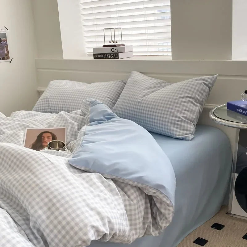 Afralia™ Japanese Grid Print Bed Set in Washed Cotton for Summer Comfort