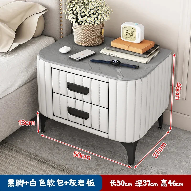 Afralia™ Rock Bed Edge Cabinet with Drawers, Modern Luxury Leather Master Bedroom Bedside Table