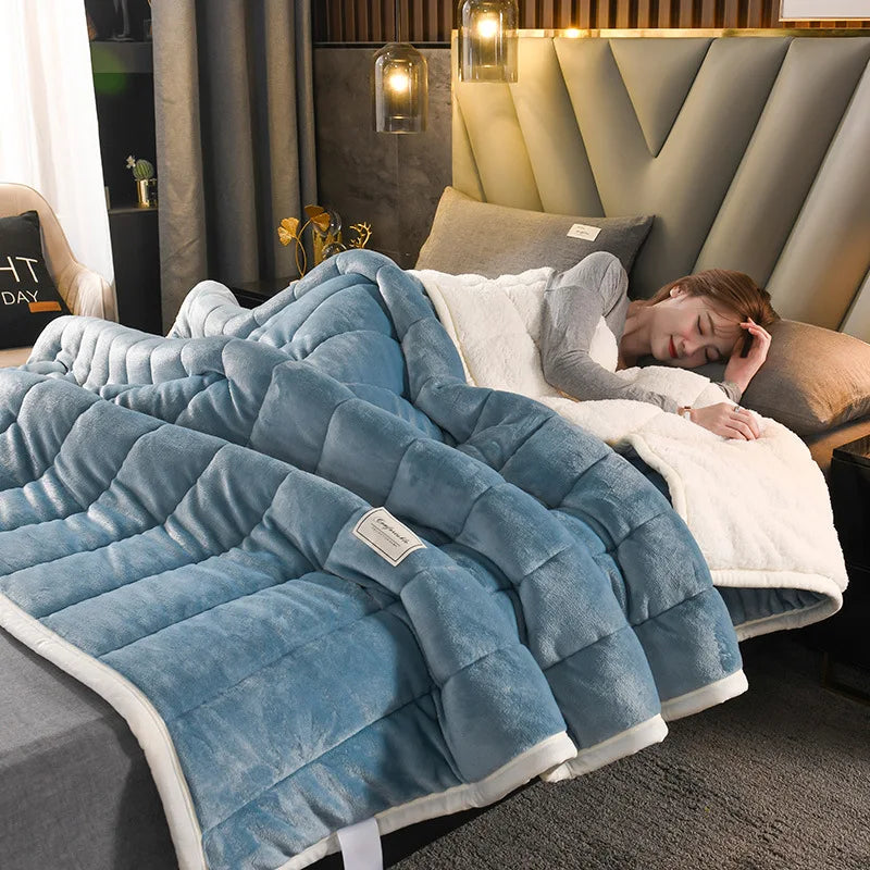 Afralia™ Luxury Coral Fleece Blanket for Bed, 3-Layer Soft Warmth Quilt, Washable Classic Winter Comfort.