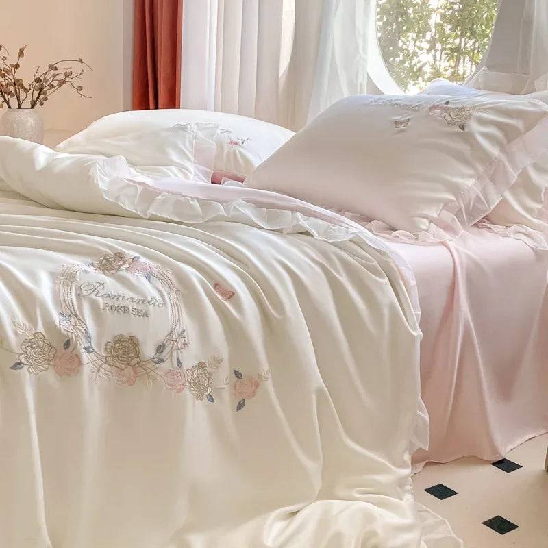 Afralia™ Silky Embroidery Bedding Sets with Lace, Ultimate Comfort for Home and Dorm