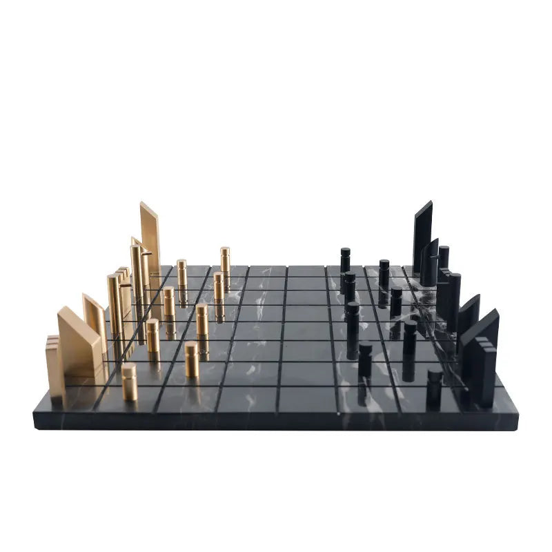Afralia™ Golden Metal Marble Chessboard: Geometric Square Check King Game Decor Figurines