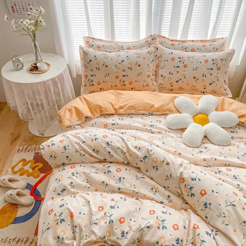 Afralia™ Twill Fabric Bed Sheet Set: Double-Sided Color Blocking, Flower Print Quilt Cover