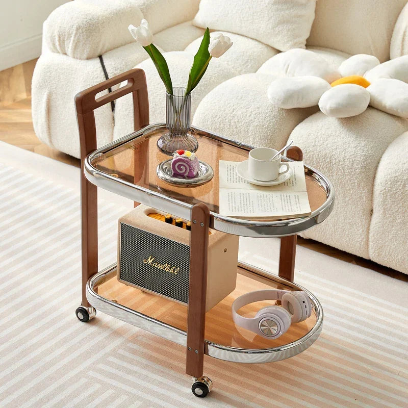 Afralia™ Nordic Wood End Table Tea Table, Movable Trolley, Glass Top, Multifunctional Storage Rack.