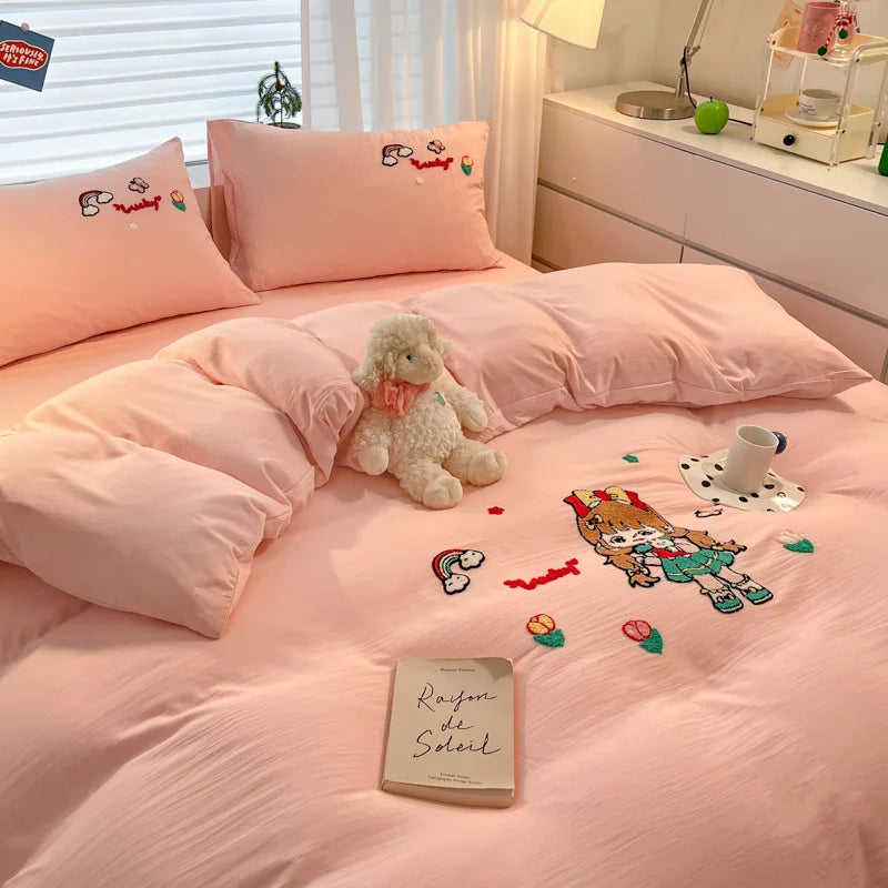 Afralia™ Cartoon Embroidered Cotton Bedding Set for King/Queen Beds