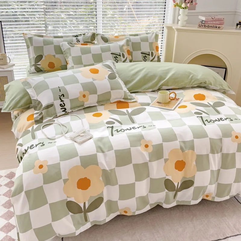 Afralia™ Cozy Flower Print Bedding Set: Brushed Cotton, Skin-Friendly, Soft, Thick, 4Pcs