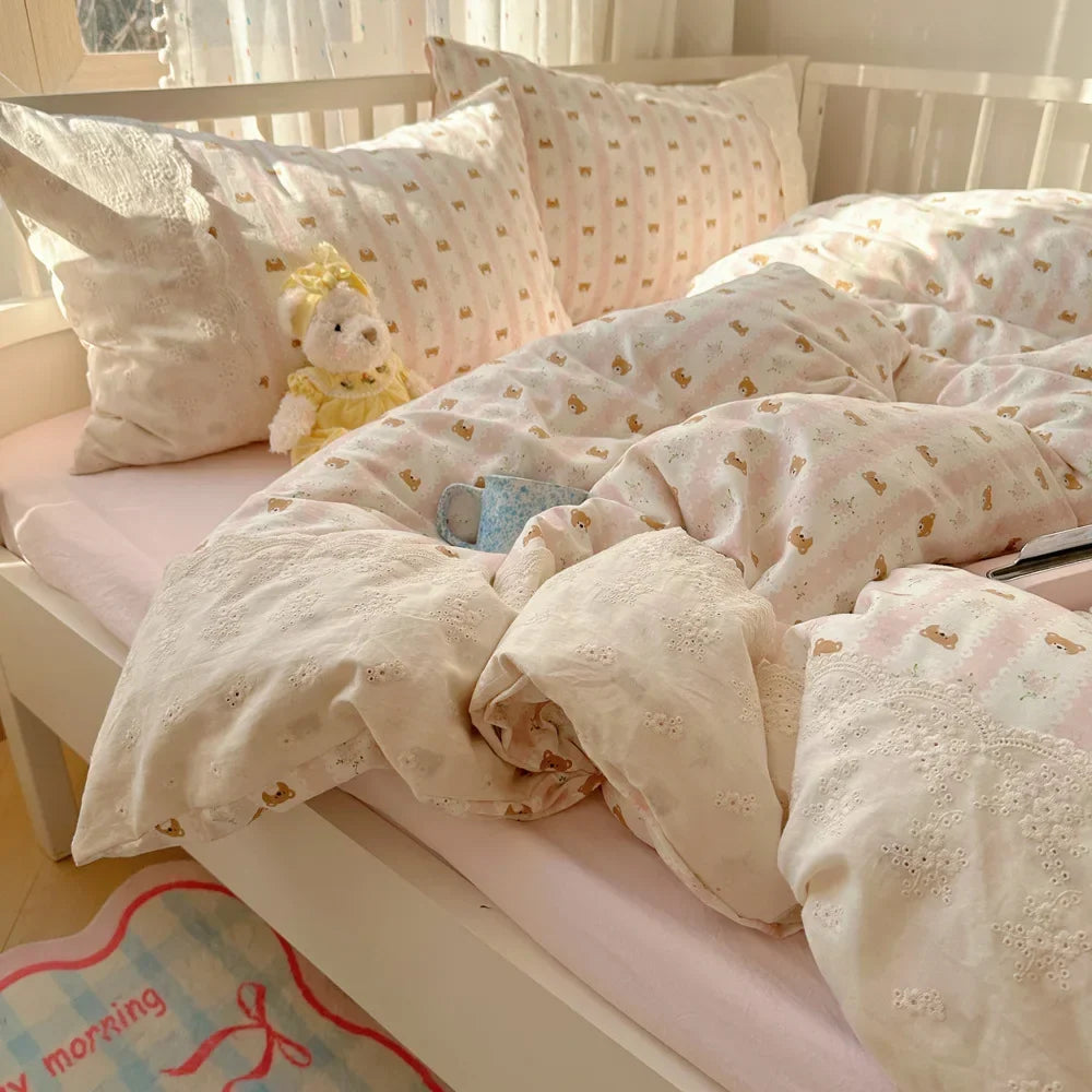 Afralia™ Lace Duvet Cover Bedding Set 4Pcs French Washed Cotton for Single Double Bed