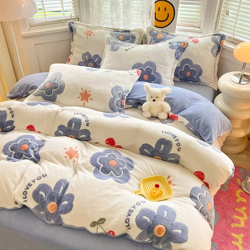 Afralia™ Winter Warm Heart Print Duvet Cover Set for Double Bed - 3 Piece