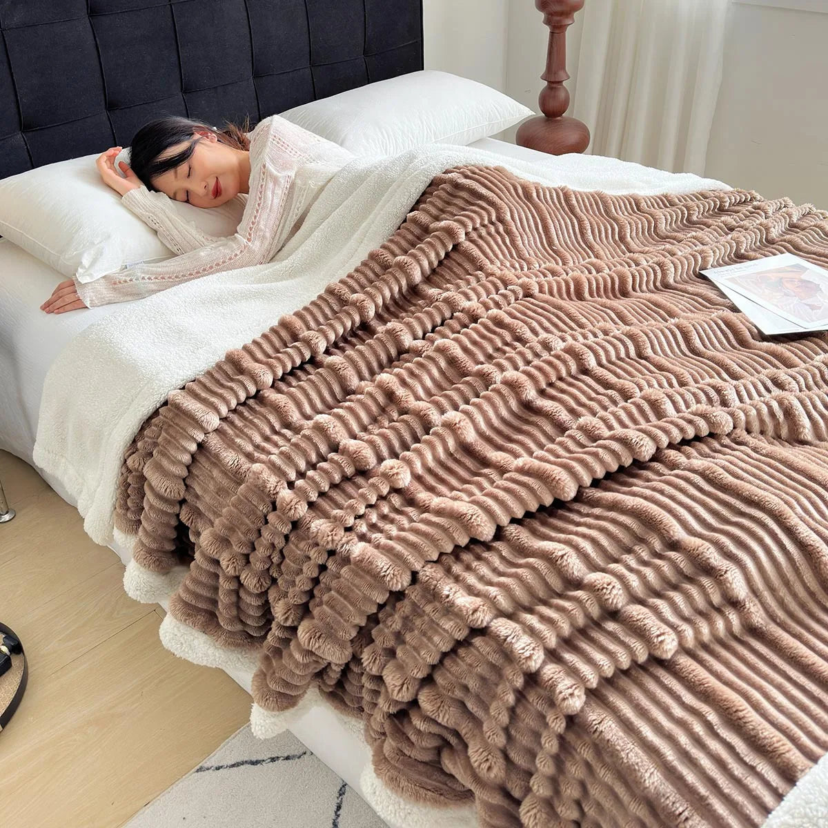 Afralia™ Cozy Lamb Wool Plush Blanket for Adults: Soft, Thickened, Multi-Use Ribbed Shawl