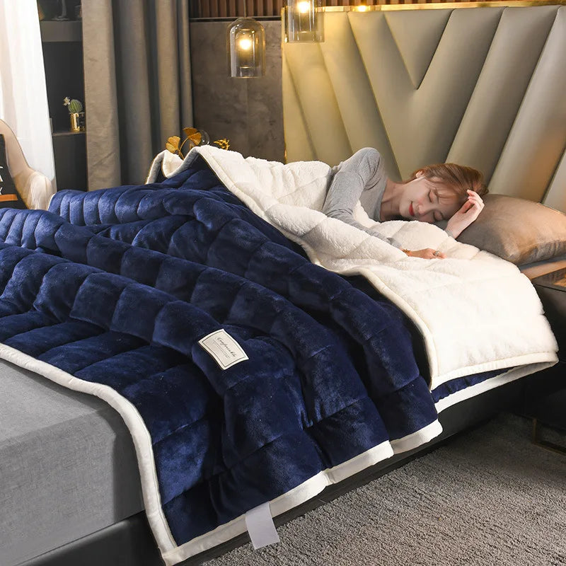 Afralia™ Luxury Coral Fleece Blanket for Bed, 3-Layer Soft Warmth Quilt, Washable Classic Winter Comfort.