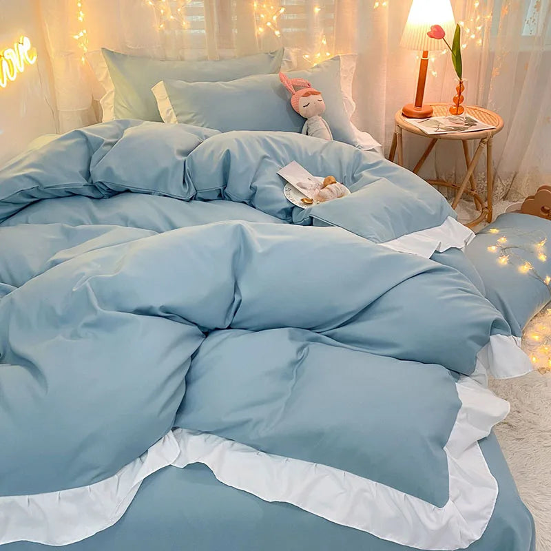 Afralia™ Pure Cotton Ruffle Edge Bedding Set in Solid Color, All Seasons, Single Queen Bed