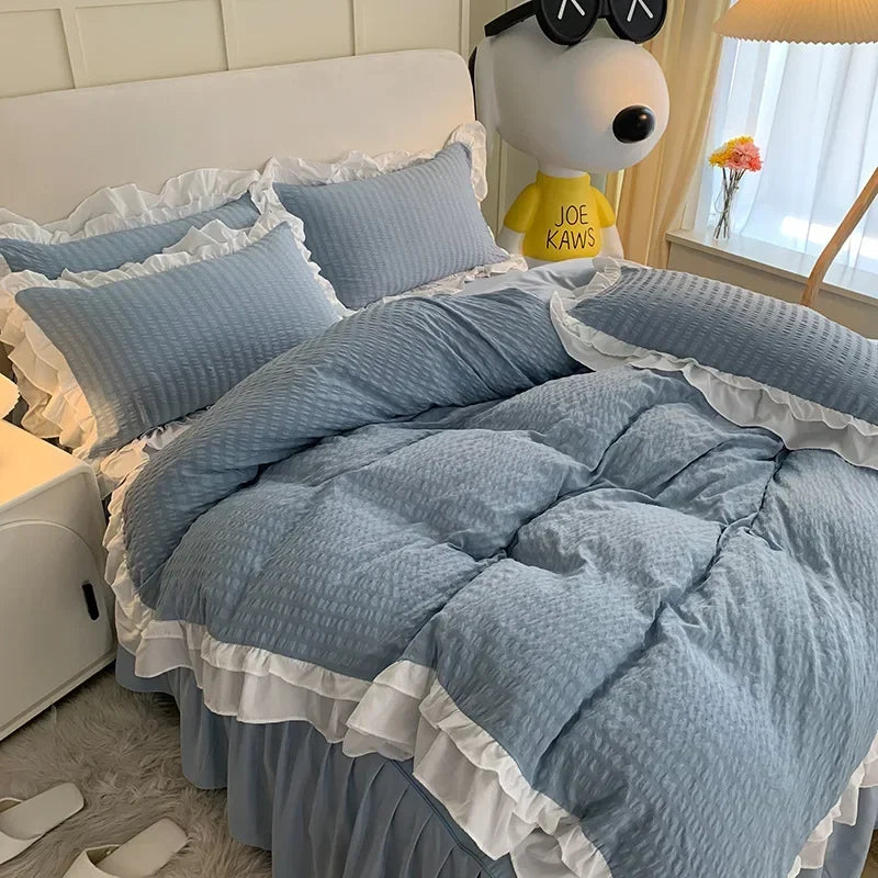 Afralia™ Double-Layer Lace Bubble Cotton Bedding Set - Soft Skin-Friendly Bed Linens