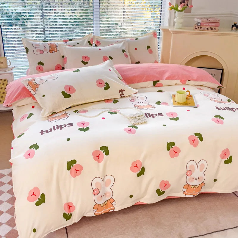 Afralia™ Cozy Flower Print Bedding Set: Brushed Cotton, Skin-Friendly, Soft, Thick, 4Pcs