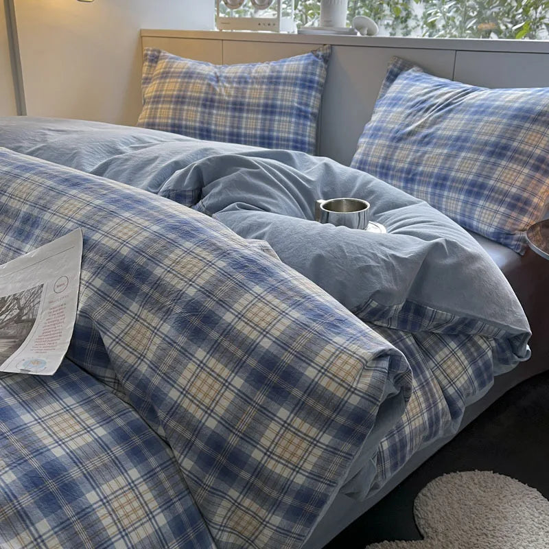 Nordic Grid Print Bedding Set in Wash Cotton Linen for Single Double Bed by Afralia™